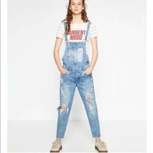 ZARA distressed jean boyfriend type overalls